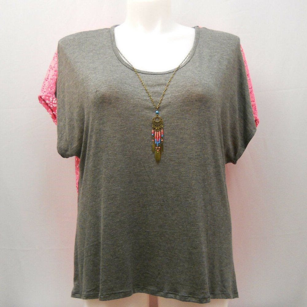 SAY ANYTHING Women's Knit Top Sheer Back Necklace Solid Pink Gray Plus Size 1X
